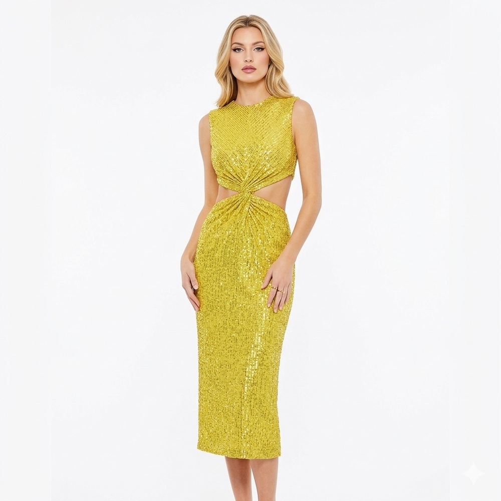 Mac Duggal Yellow Gold Sequin Cutout Twist Sheath Dress 4 Graduation Wedding - Picture 14 of 14
